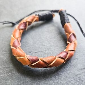 NWT Handmade Reclaimed Leather Braided Bracelet, Tan & Brown